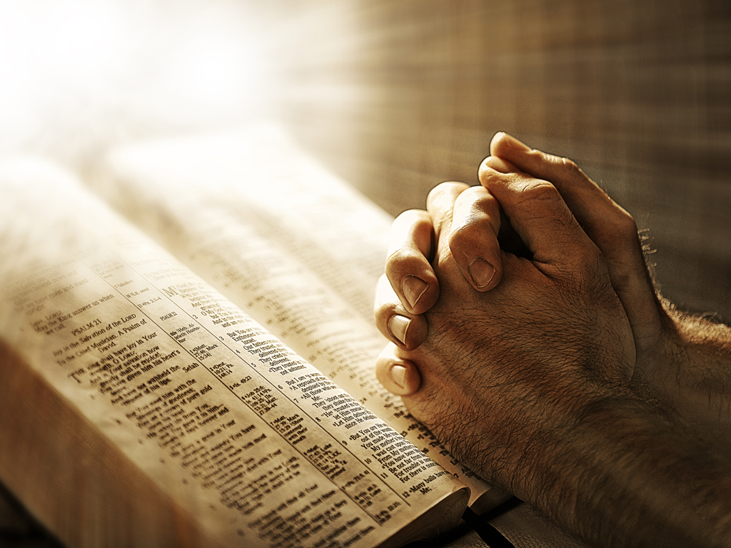 Mans hands praying on Bible